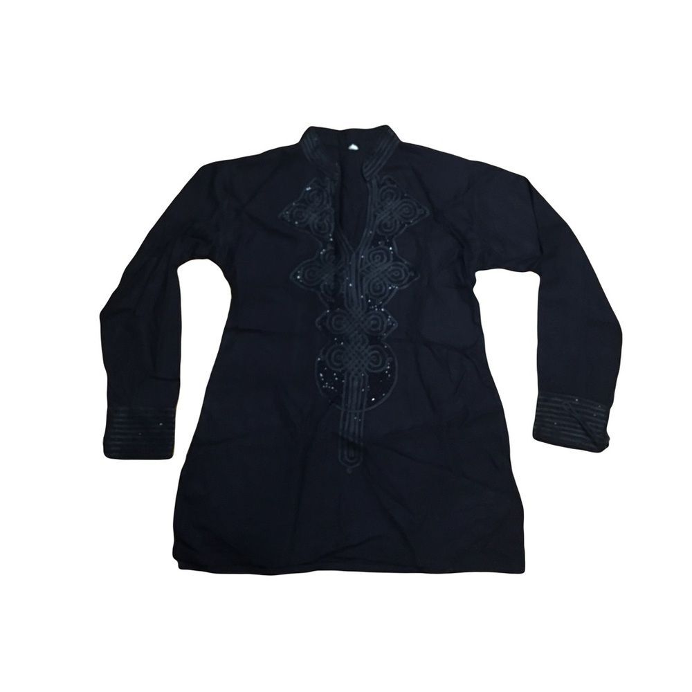 MEDIUM Black long sleeve embroidered & sequins Top Blouse Tie cuffs